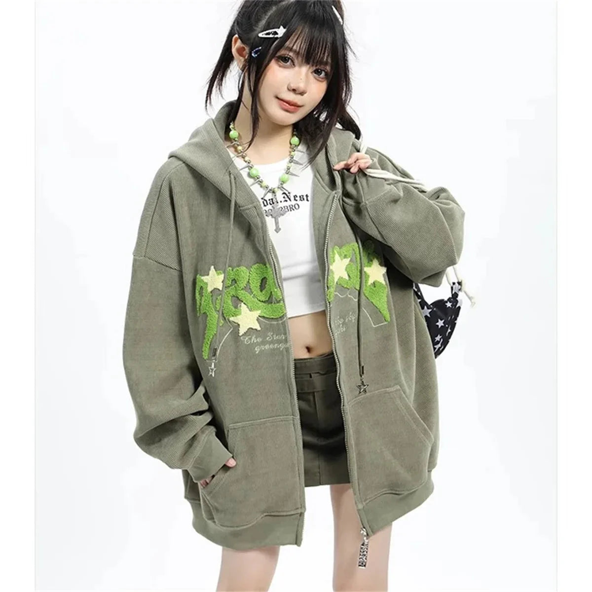 Women’s Y2K Embroidered Zip-Up Hoodie – Fashionable Autumn Long Sleeve Streetwear Top