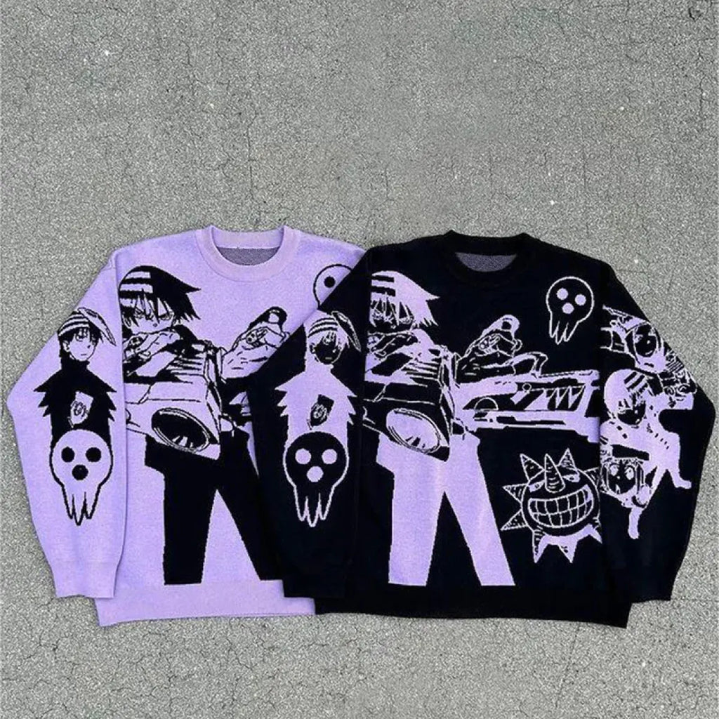 Harajuku Fashion Couple Sweaters - Y2K Retro Gothic Round Neck Tops